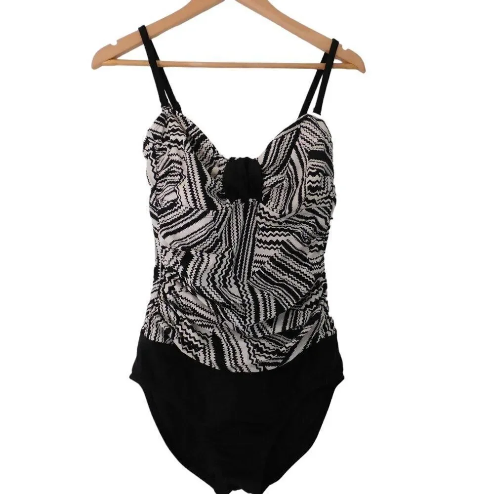 24 Ocean‎ Womens Blouson One Piece Swimsuit Black White Slimming Tummy Control M